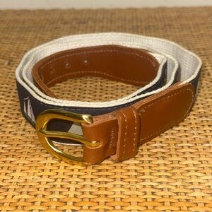 VTG Preston New England 38 Belt Navy Sail Boat Fabric Brown Leather Made In USA